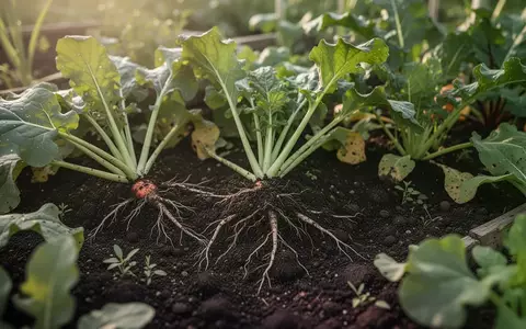 Nahaufnahme von nährstoffreichem Boden, Wurzeln und frischem Blattgemüse in einem naturbelassenen Garten. - Foto: über boerse-global.de
