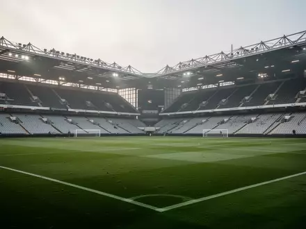 Ein leeres Fußballstadion bei bedecktem Himmel, das die weite Rasenfläche und die Architektur der Tribünen zeigt. - Foto: über boerse-global.de