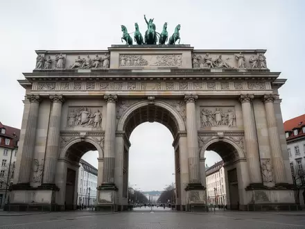 Das Siegestor in München unter einem bewölkten Himmel, menschenleere Umgebung. - Foto: über boerse-global.de