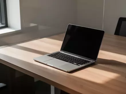 Ein minimalistischer Büroarbeitsplatz mit einem Laptop auf einem Holztisch bei natürlichem Tageslicht. - Foto: über boerse-global.de