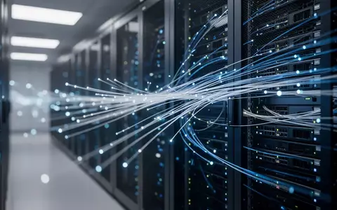 Abstraktes Bild eines modernen Rechenzentrums mit Lichtspuren, die Hochgeschwindigkeits-Datenübertragung symbolisieren. - Foto: über boerse-global.de