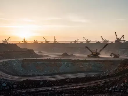 Ein weitläufiges Industriegelände einer Mine während des Sonnenaufgangs mit schwerem Gerät vor einer geologischen Kulisse. - Foto: über boerse-global.de
