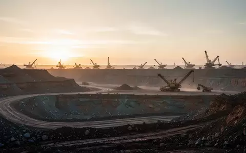 Ein weitläufiges Industriegelände einer Mine während des Sonnenaufgangs mit schwerem Gerät vor einer geologischen Kulisse. - Foto: über boerse-global.de