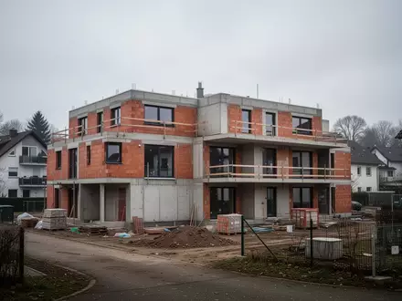 Eine unfertige Baustelle eines Wohngebäudes in einem ruhigen Wohngebiet bei bewölktem Himmel. - Foto: über boerse-global.de