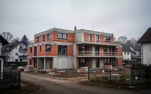 Eine unfertige Baustelle eines Wohngebäudes in einem ruhigen Wohngebiet bei bewölktem Himmel. - Foto: über boerse-global.de
