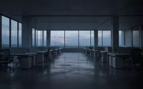 Ein leeres, modernes Großraumbüro in der Dämmerung mit minimalistischen Arbeitsplätzen und kühler Lichtstimmung. - Foto: über boerse-global.de
