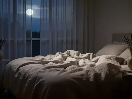 Ein ruhiges, minimalistisches Schlafzimmer in der Dämmerung mit sanftem Mondlicht, das durch transparente Vorhänge fällt. - Foto: über boerse-global.de