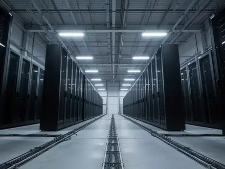Weite Ansicht einer modernen, unbesetzten Halle für digitale Infrastruktur mit langen Reihen dunkler Serverracks. - Foto: über boerse-global.de