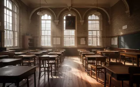 Ein leerer, sonnendurchfluteter Klassenraum in einem historischen Schulgebäude mit alten Holzdielen und leeren Schulbänken. - Foto: über boerse-global.de