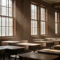 Ein leerer Klassenraum mit leeren Holztischen in einem historischen Schulgebäude bei Sonneneinfall. - Foto: über boerse-global.de