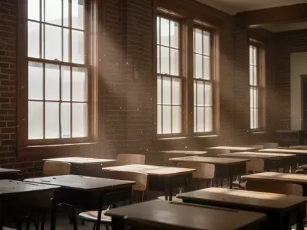 Ein leerer Klassenraum mit leeren Holztischen in einem historischen Schulgebäude bei Sonneneinfall. - Foto: über boerse-global.de