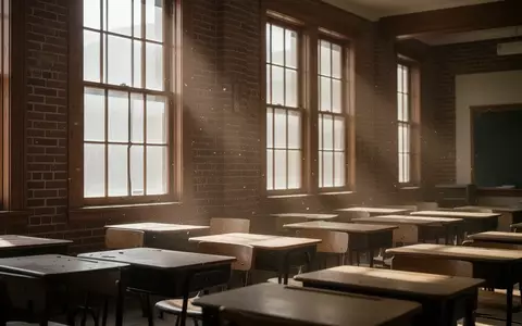 Ein leerer Klassenraum mit leeren Holztischen in einem historischen Schulgebäude bei Sonneneinfall. - Foto: über boerse-global.de