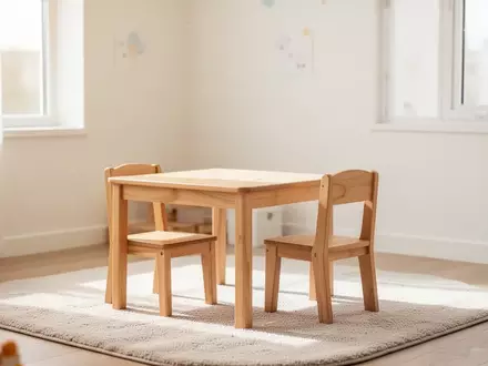 Ein minimalistisch eingerichtetes, helles Kinderspielzimmer mit einem kleinen Holztisch und einem Stuhl in einer ruhigen Umgebung. - Foto: über boerse-global.de