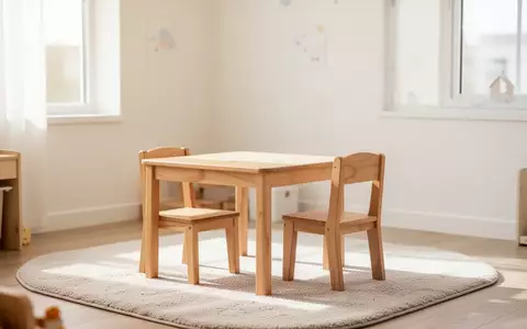 Ein minimalistisch eingerichtetes, helles Kinderspielzimmer mit einem kleinen Holztisch und einem Stuhl in einer ruhigen Umgebung. - Foto: über boerse-global.de