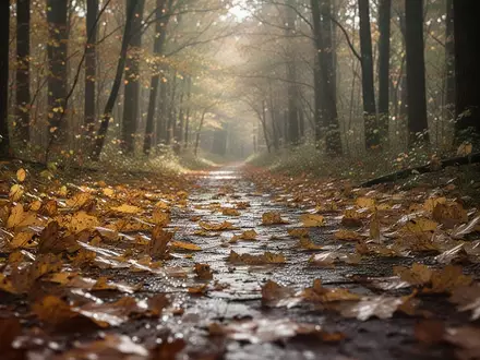 Ein von herbstlichem Laub bedeckter Waldweg im sanften, diffusen Licht der tieferstehenden Sonne. - Foto: über boerse-global.de