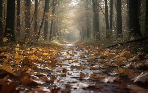 Ein von herbstlichem Laub bedeckter Waldweg im sanften, diffusen Licht der tieferstehenden Sonne. - Foto: über boerse-global.de