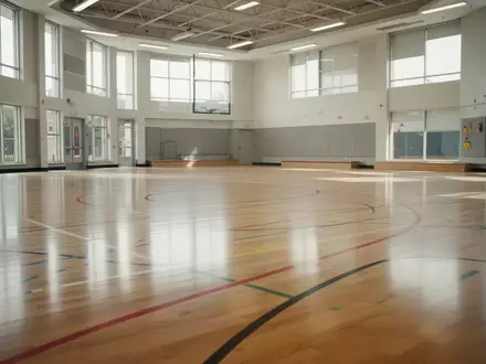 Leere, modern gestaltete Schulturnhalle mit hellen Holzböden und bunten Markierungen für Sportübungen. - Foto: über boerse-global.de