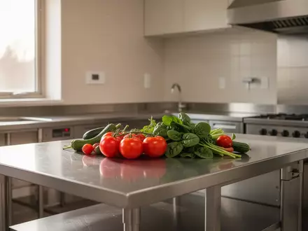 Eine saubere, moderne Großküche mit frischem Gemüse auf einer Edelstahl-Arbeitsfläche bei natürlichem Tageslicht. - Foto: über boerse-global.de