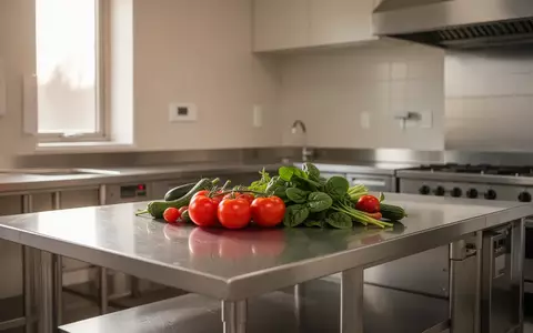 Eine saubere, moderne Großküche mit frischem Gemüse auf einer Edelstahl-Arbeitsfläche bei natürlichem Tageslicht. - Foto: über boerse-global.de