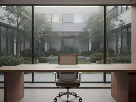 Ein aufgeräumter, minimalistischer Arbeitsplatz mit einem Holztisch und einem Fenster mit Blick in einen Innenhof. - Foto: über boerse-global.de