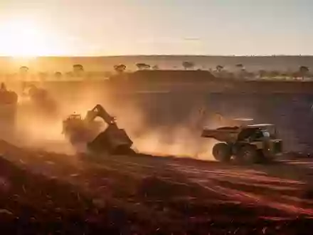 Großaufnahme eines modernen Tagebaus in der australischen Outback-Landschaft bei Sonnenaufgang. - Foto: über boerse-global.de
