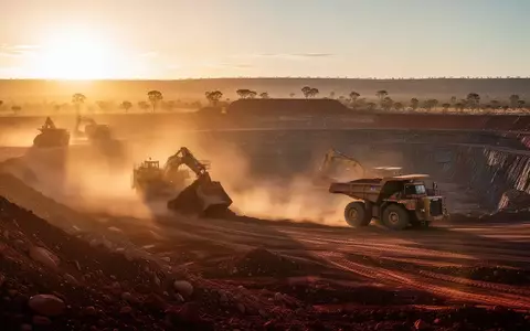 Großaufnahme eines modernen Tagebaus in der australischen Outback-Landschaft bei Sonnenaufgang. - Foto: über boerse-global.de