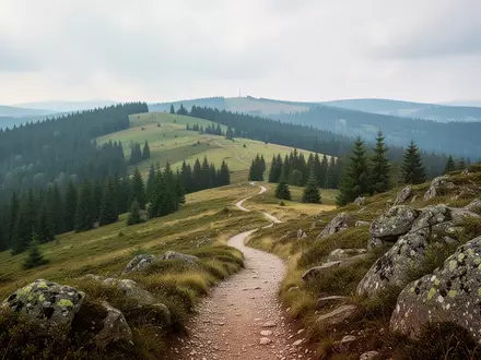 Eine malerische Wanderlandschaft im Erzgebirge mit bewaldeten Hügeln und einem geschwungenen Pfad bei Tageslicht. - Foto: über boerse-global.de