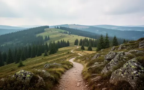 Eine malerische Wanderlandschaft im Erzgebirge mit bewaldeten Hügeln und einem geschwungenen Pfad bei Tageslicht. - Foto: über boerse-global.de