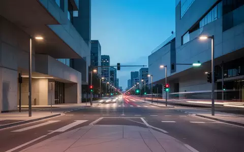 Eine leere, moderne städtische Kreuzung zur blauen Stunde mit minimalistischer Architektur und urbaner Beleuchtung. - Foto: über boerse-global.de