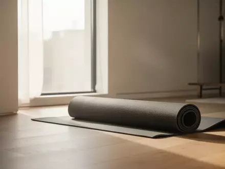 Eine zusammengerollte Yogamatte liegt in einem hellen, sonnendurchfluteten Raum auf einem Holzboden. - Foto: über boerse-global.de