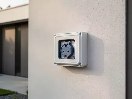 Eine saubere, unbeschriftete Wallbox-Anschlussstelle an einer modernen Hausfassade bei Tageslicht. - Foto: über boerse-global.de