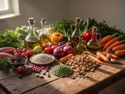 Eine Auswahl an frischem Gemüse, Hülsenfrüchten und Olivenöl auf einem Holztisch bei natürlichem Tageslicht. - Foto: über boerse-global.de