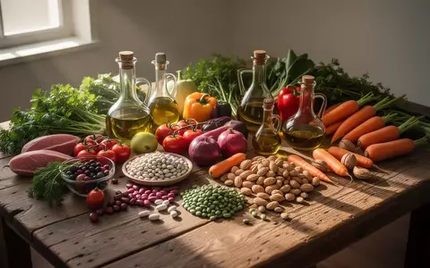 Eine Auswahl an frischem Gemüse, Hülsenfrüchten und Olivenöl auf einem Holztisch bei natürlichem Tageslicht. - Foto: über boerse-global.de