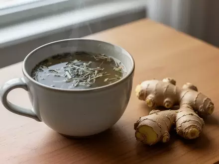 Eine Tasse Kräutertee und Ingwerwurzeln auf einem Holztisch bei natürlichem Licht. - Foto: über boerse-global.de