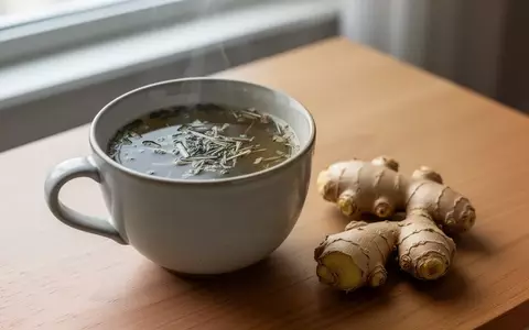 Eine Tasse Kräutertee und Ingwerwurzeln auf einem Holztisch bei natürlichem Licht. - Foto: über boerse-global.de