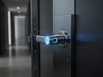 Ein minimalistisches, metallisches Türschloss mit einem dezent leuchtenden biometrischen Sensor in einem modernen Flur. - Foto: über boerse-global.de