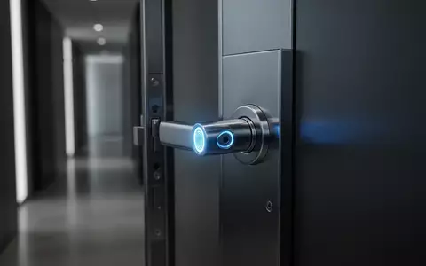 Ein minimalistisches, metallisches Türschloss mit einem dezent leuchtenden biometrischen Sensor in einem modernen Flur. - Foto: über boerse-global.de