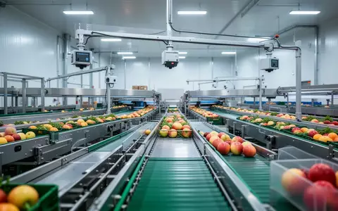 Moderne, sterile Sortieranlage für frische Lebensmittel in einem Logistikzentrum mit Edelstahl-Förderbändern. - Foto: über boerse-global.de