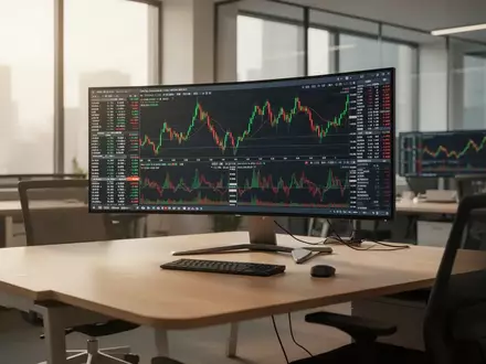Ein moderner, aufgeräumter Arbeitsplatz mit Finanzcharts auf einem Monitor in einem hellen Büro. - Foto: über boerse-global.de