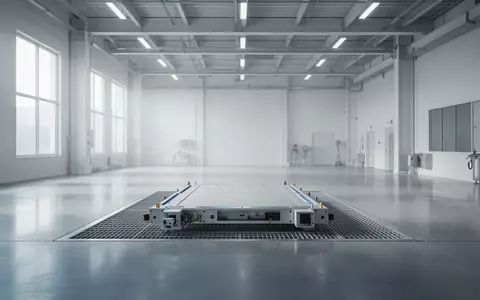 Ein minimalistisches, leeres Industrielabor mit poliertem Betonboden und natürlichem Licht, das auf eine Montageplattform fällt. - Foto: über boerse-global.de