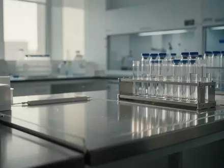 Ein minimalistisch gestalteter, heller Laborraum mit sterilen Oberflächen und Glasgefäßen in einer klinischen Forschungsumgebung. - Foto: über boerse-global.de