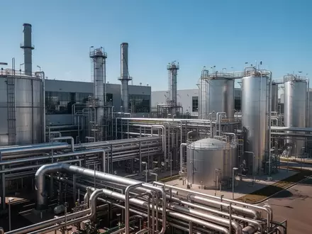 Moderne Chemieanlage mit Industrieanlagen und Lagertanks bei klarem Himmel. - Foto: über boerse-global.de