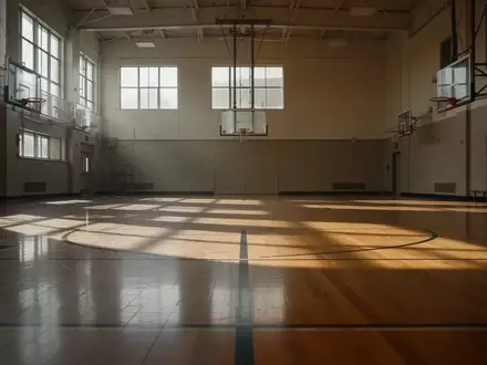 Leere, lichtdurchflutete Schulturnhalle mit poliertem Holzboden und minimalistischen Körben in einer ruhigen Atmosphäre. - Foto: über boerse-global.de