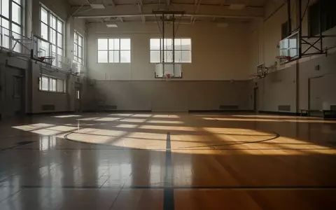 Leere, lichtdurchflutete Schulturnhalle mit poliertem Holzboden und minimalistischen Körben in einer ruhigen Atmosphäre. - Foto: über boerse-global.de