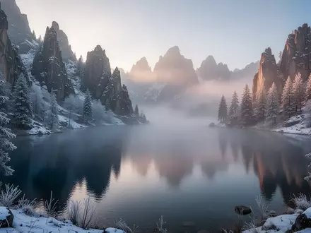 Ein nebliger Bergsee bei Sonnenaufgang, umgeben von frostbedeckten Kiefern und Felsen in einer ruhigen Winterlandschaft. - Foto: über boerse-global.de