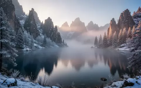 Ein nebliger Bergsee bei Sonnenaufgang, umgeben von frostbedeckten Kiefern und Felsen in einer ruhigen Winterlandschaft. - Foto: über boerse-global.de