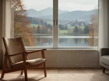 Ein leerer Sessel in einem sonnendurchfluteten Wohnzimmer mit Blick auf eine bayerische Landschaft. - Foto: über boerse-global.de
