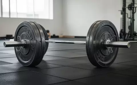 Eine schwere Langhantel mit Hantelscheiben auf einem dunklen Boden in einem minimalistischen Fitnessraum. - Foto: über boerse-global.de