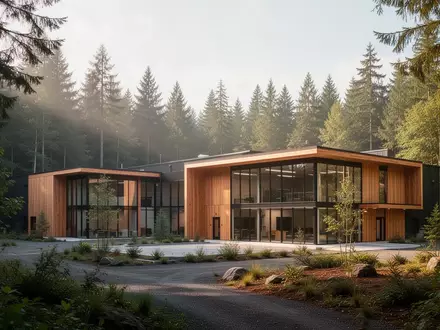 Ein modernes, nachhaltiges Industriegebäude, das harmonisch in eine Waldlandschaft im pazifischen Nordwesten eingebettet ist. - Foto: über boerse-global.de