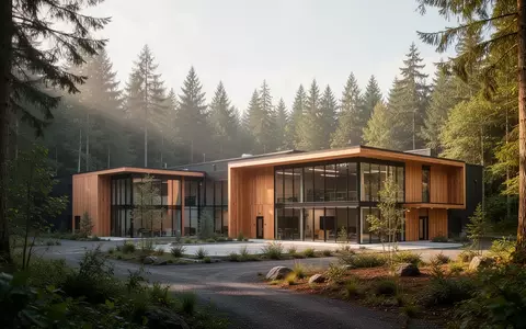 Ein modernes, nachhaltiges Industriegebäude, das harmonisch in eine Waldlandschaft im pazifischen Nordwesten eingebettet ist. - Foto: über boerse-global.de